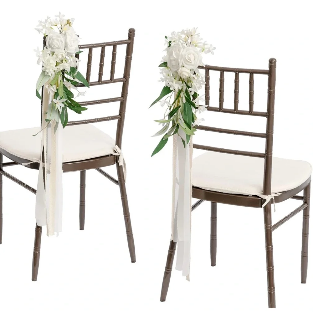 (8) Ling's Moment Chair/Pew Florals with Ribbons & Clips on the back. Used once